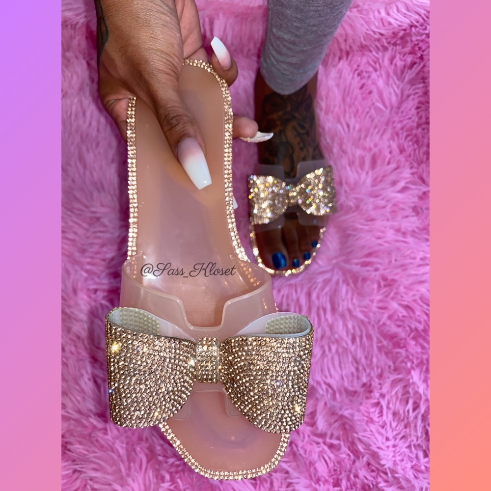 Pink/ RoseGold Bedazzled Bow Sandals/ Slides💕